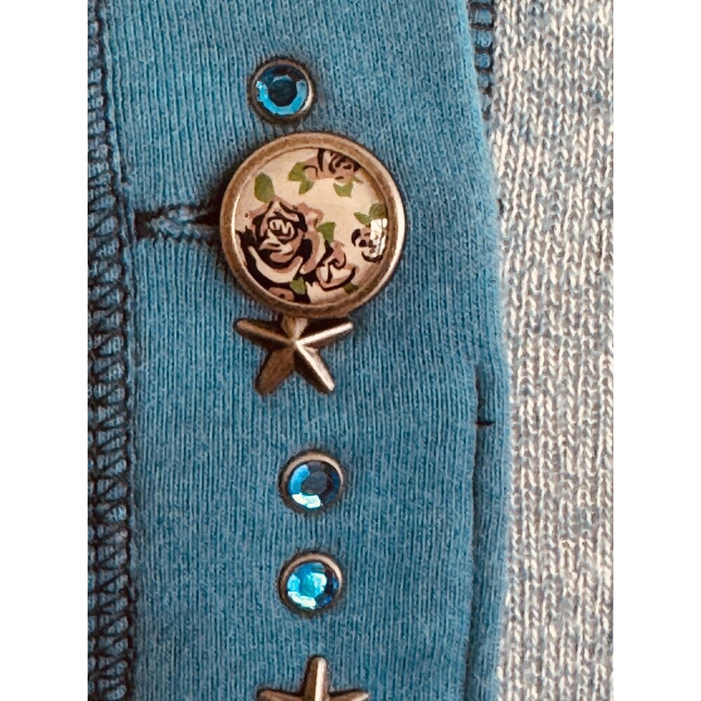Free People Women Medium Blue Scoop Neck Embellish Buttons Long Sleeve Tee - Picture 5 of 7